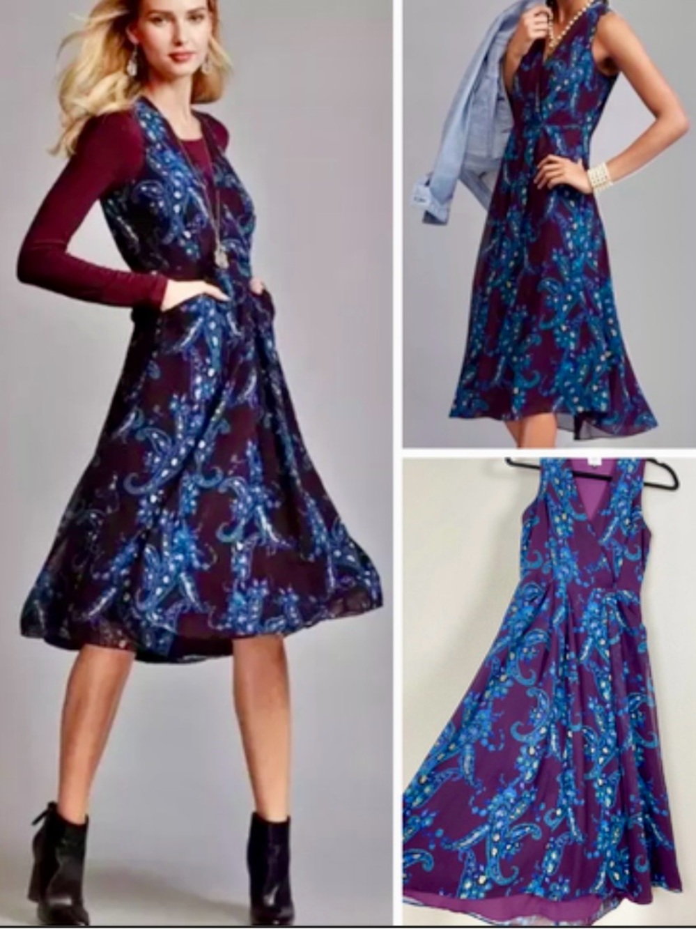 CAbi Floral Paisley V-Neck Dress in Plum & Teal Blue with Pockets & Hidden Zip - Picture 12 of 12